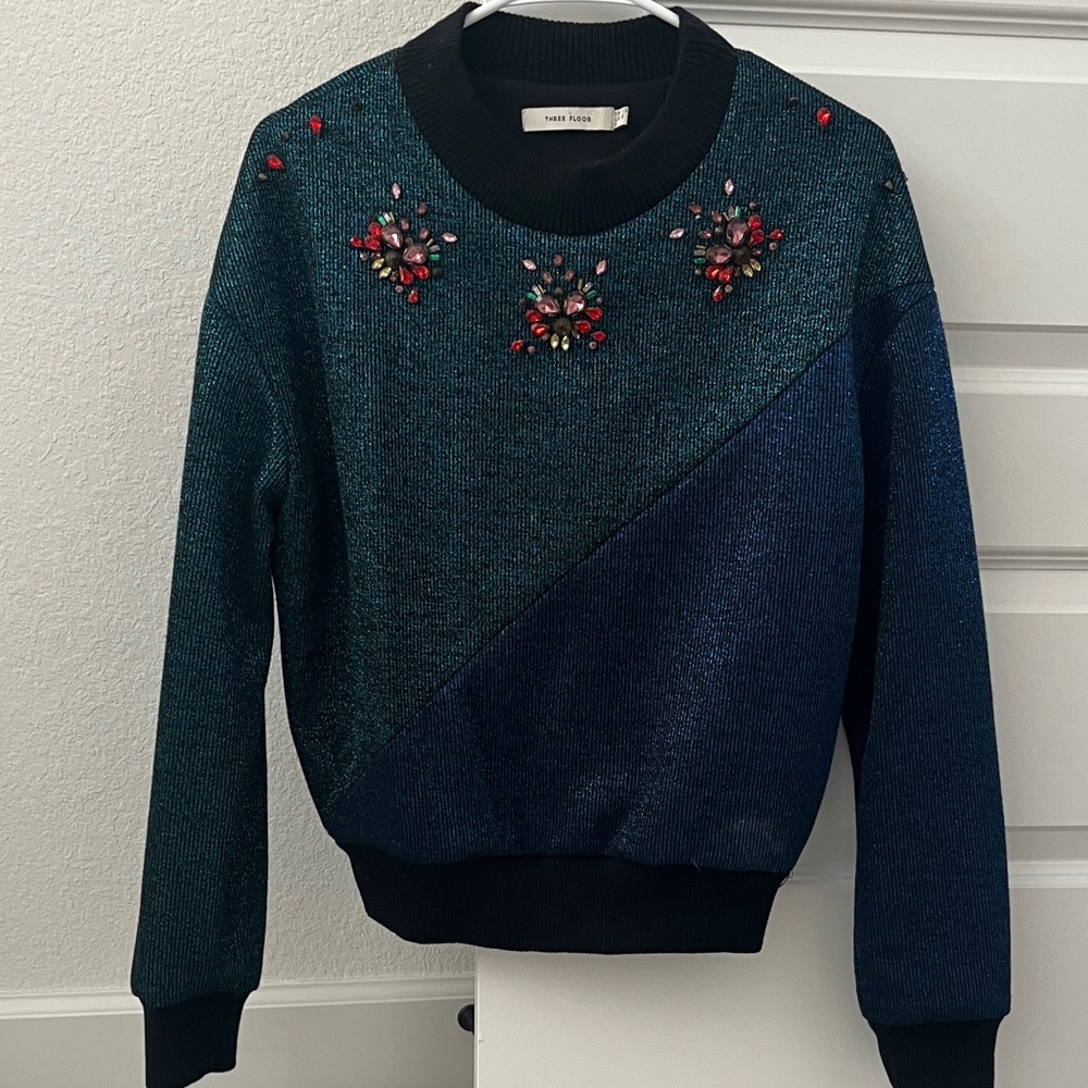 Three Floor vintage Teal and Navy Embellished Sweater rhinestones sparkle small